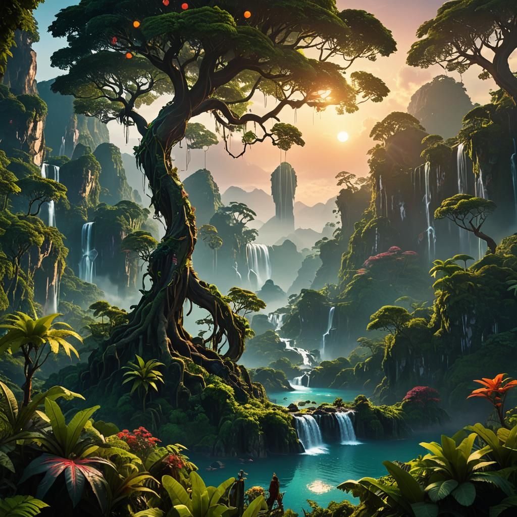 Lush Jungle Planet with Multicolor Corkscrew Trees under Twi...