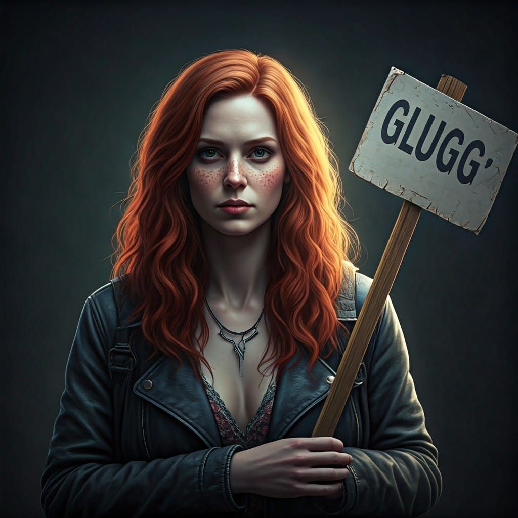 Hyperrealistic Redhead Woman with GLUGG Sign