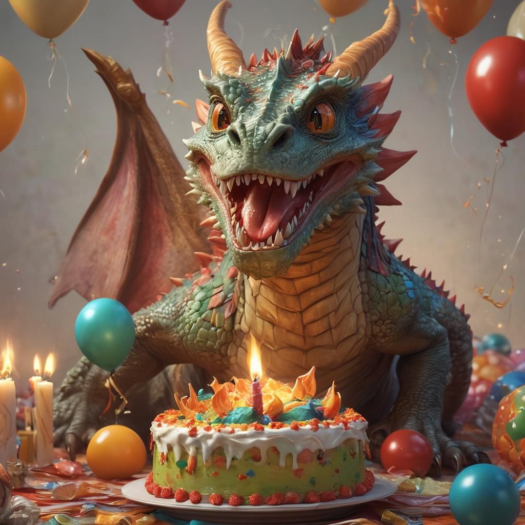 Friendly Dragon and Birthday Cake in Hyperreal Style