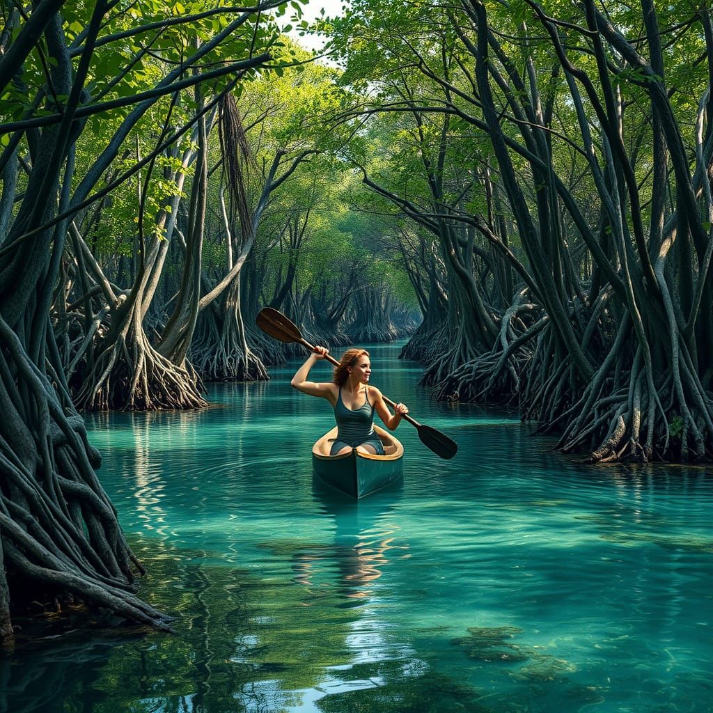 Canoeist Paddling Through Mangrove Lagoon, Soft Lighting