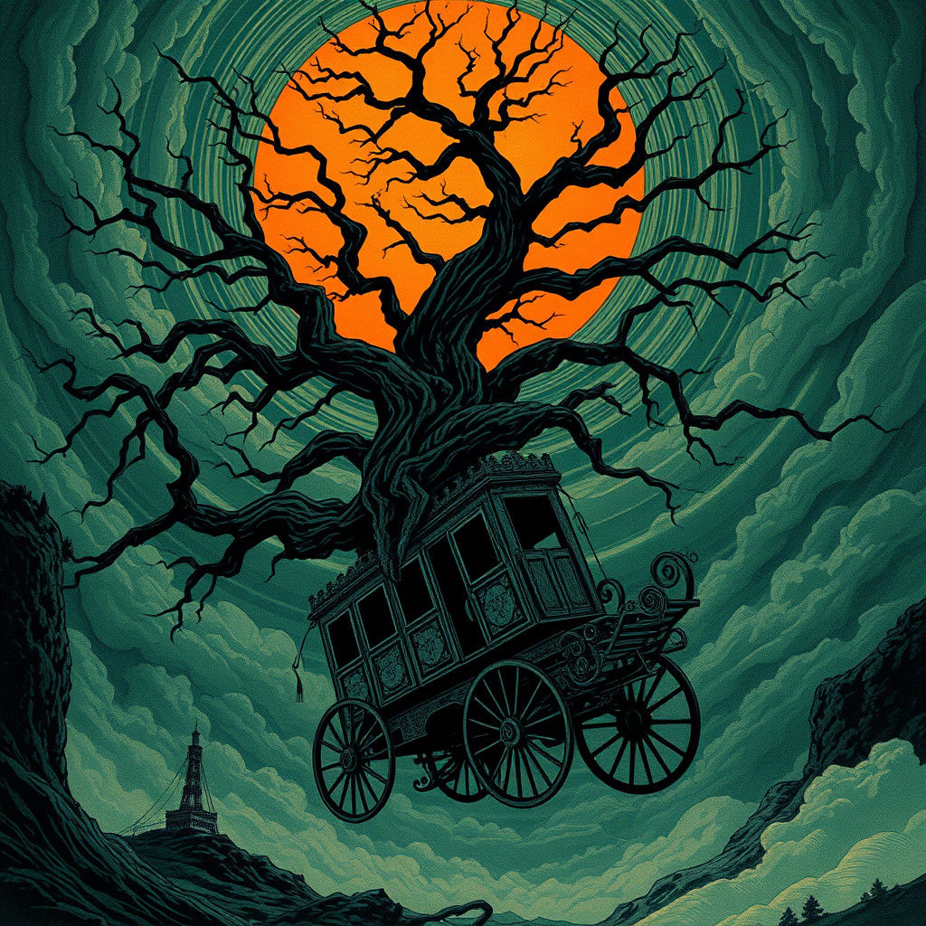 Mystical Tree and Carriage in Woodcut Style