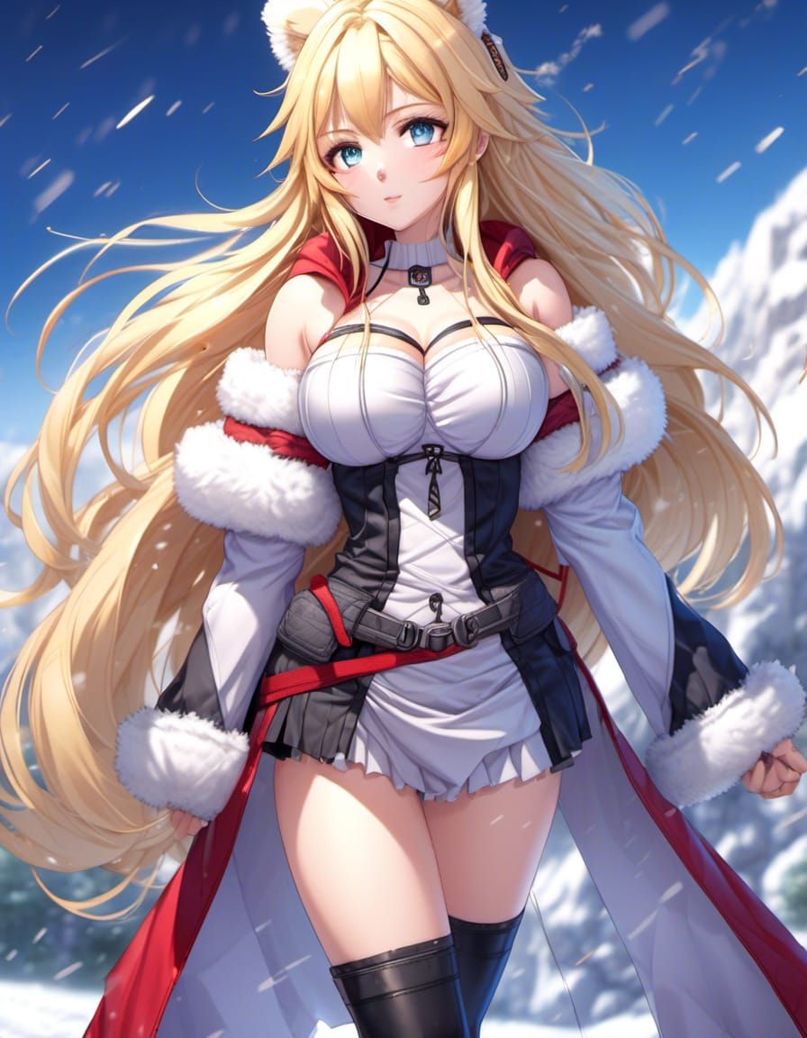 Anime Blonde in Snowy Mountain Fur Clothes