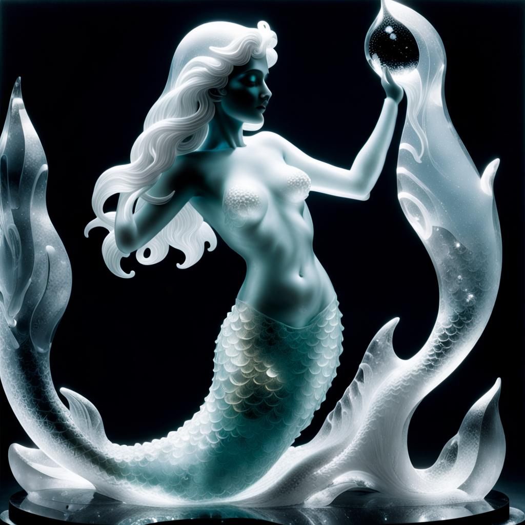 Art by Abdur-Rahman Chughtai, translucent mermaid ice sculpture, moonlight filtering through her clear icy mermaid figur...