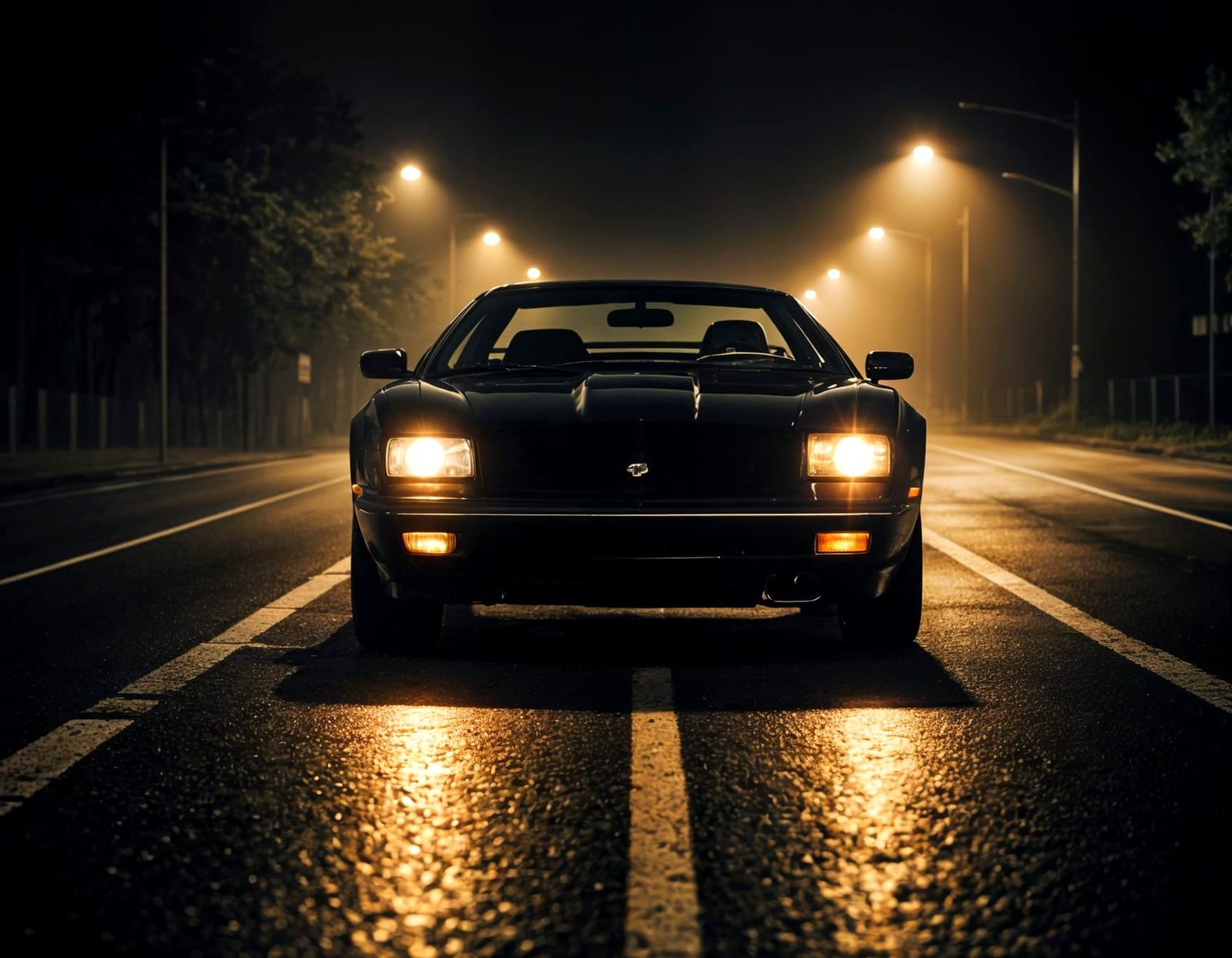 Black Sports Car in Noir Style on Rainy Road