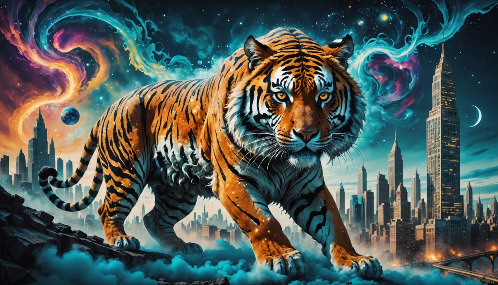 Cosmic Tiger Roams Melting Cityscape in Surreal Style