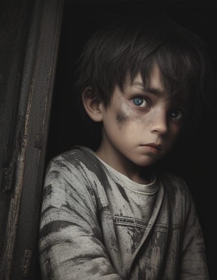 Creepy Boy with Voltage Eyes in Dark Room