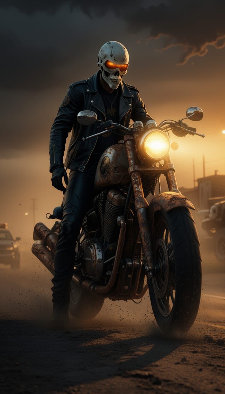 Ghostly Biker on Dusty Highway in Post-Apocalyptic Style