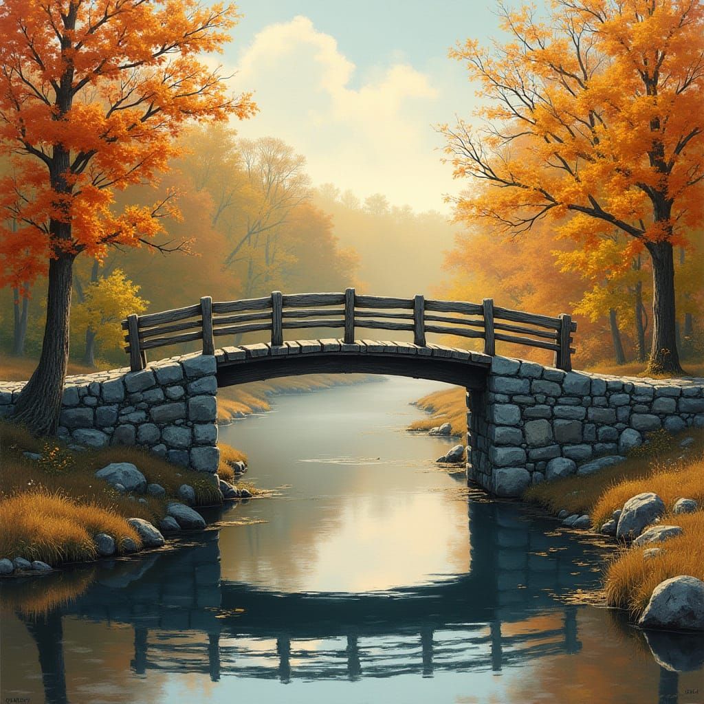 Rustic New England Bridge Amidst Vibrant Fall Foliage