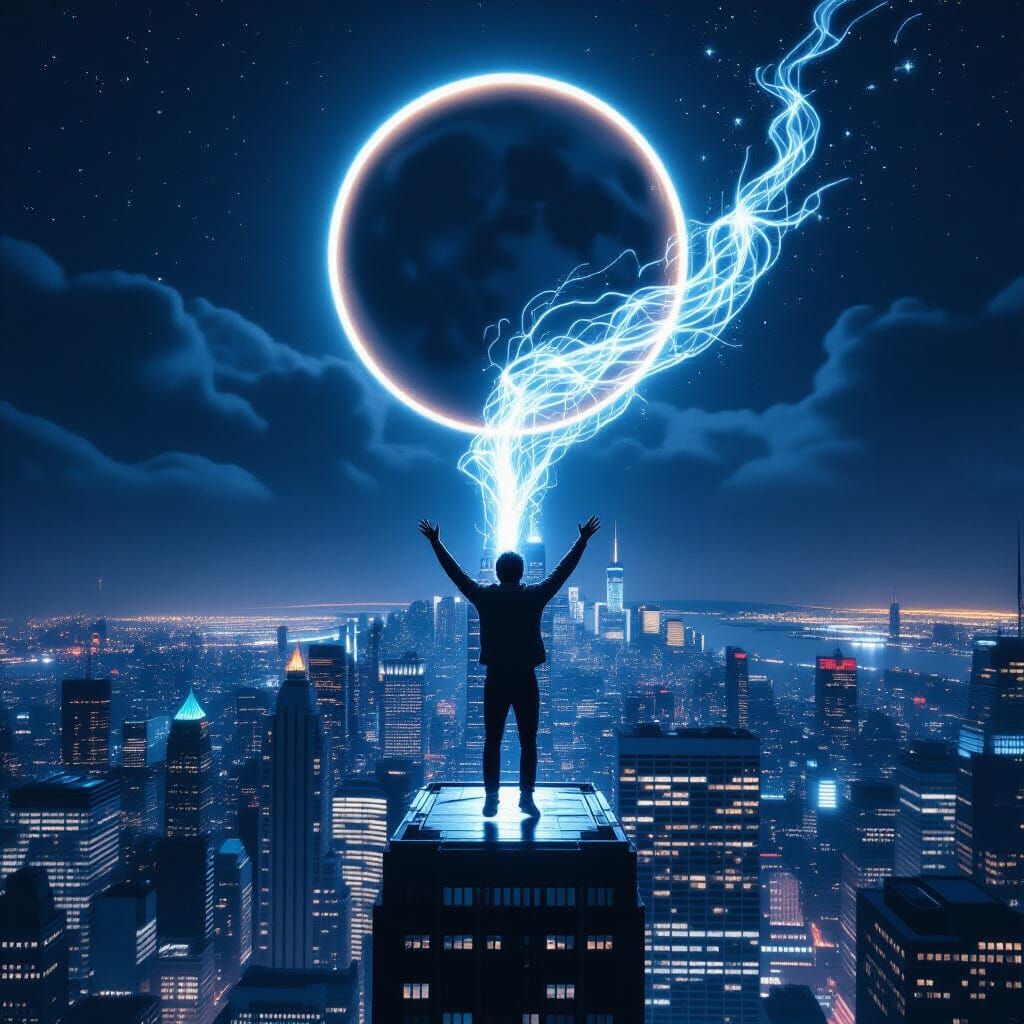 Man Ascends into Lunar Eclipse Over Sci-Fi Cityscape