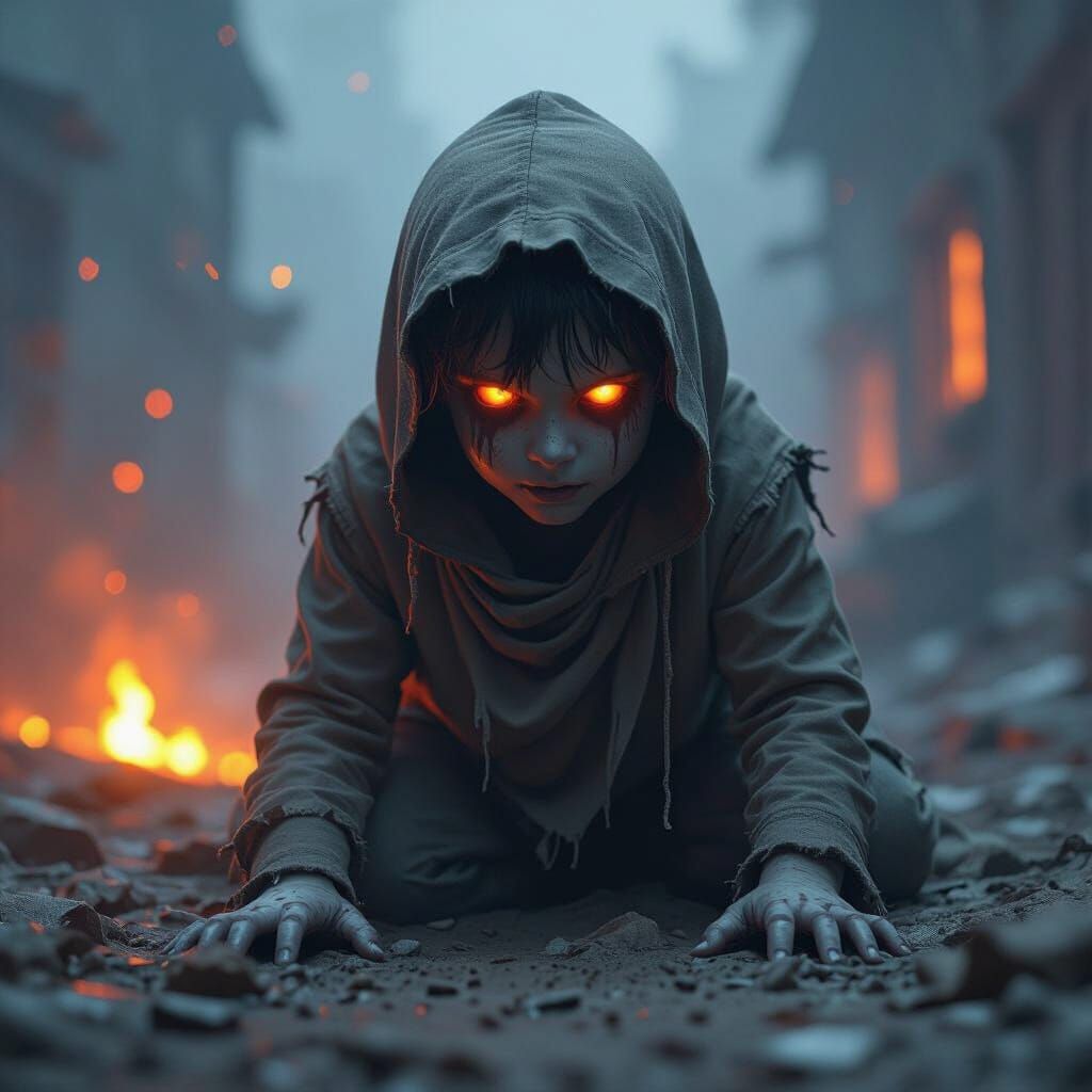 Ghost Boy Whispering in Flickering Embers