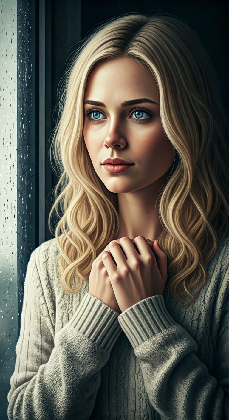 Woman Gazing at Rainy City Street: Hyperrealistic Art