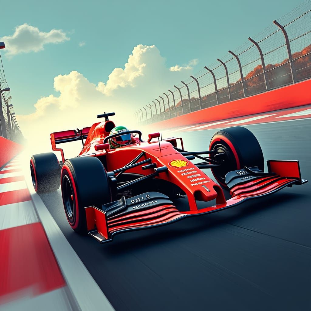 F1 Car Speeds Down Track in Futuristic Art Style