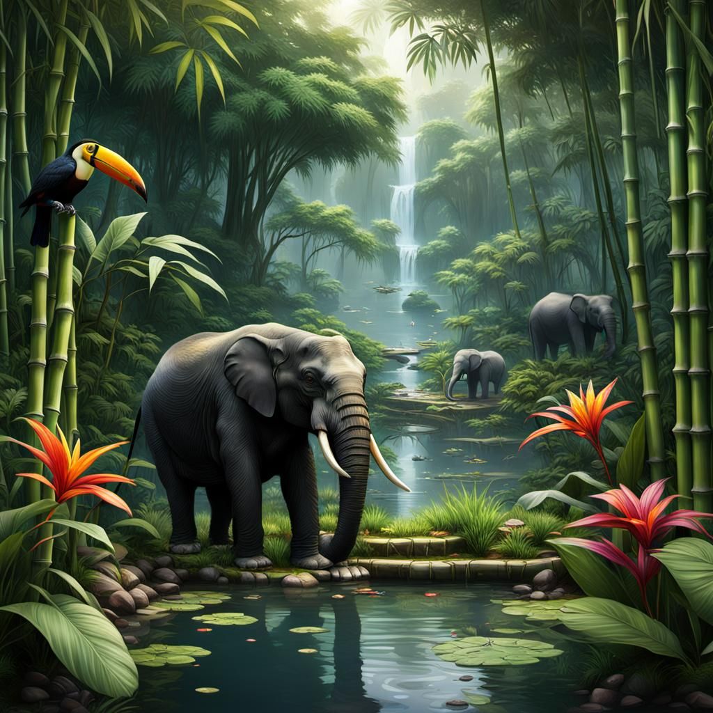 Lush Jungle Scene with Toucan and Elephants