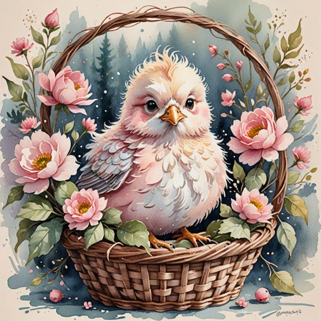 watercolor, Carol Kalavaris, sketch, cotton candy, super cute cute fluffy pink chick in a tiara in a wicker basket with ...