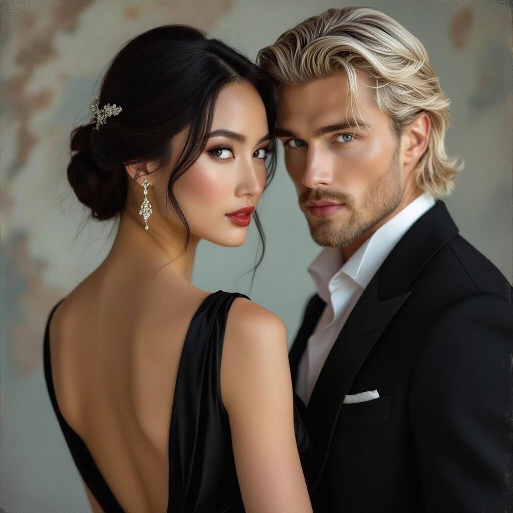 Elegant Woman and Rugged Man in Art Nouveau Style