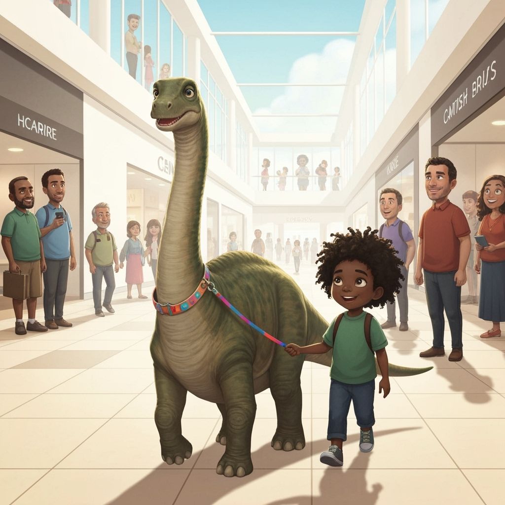 Giant Dinosaur Smiles in Shopping Mall, Digital Art