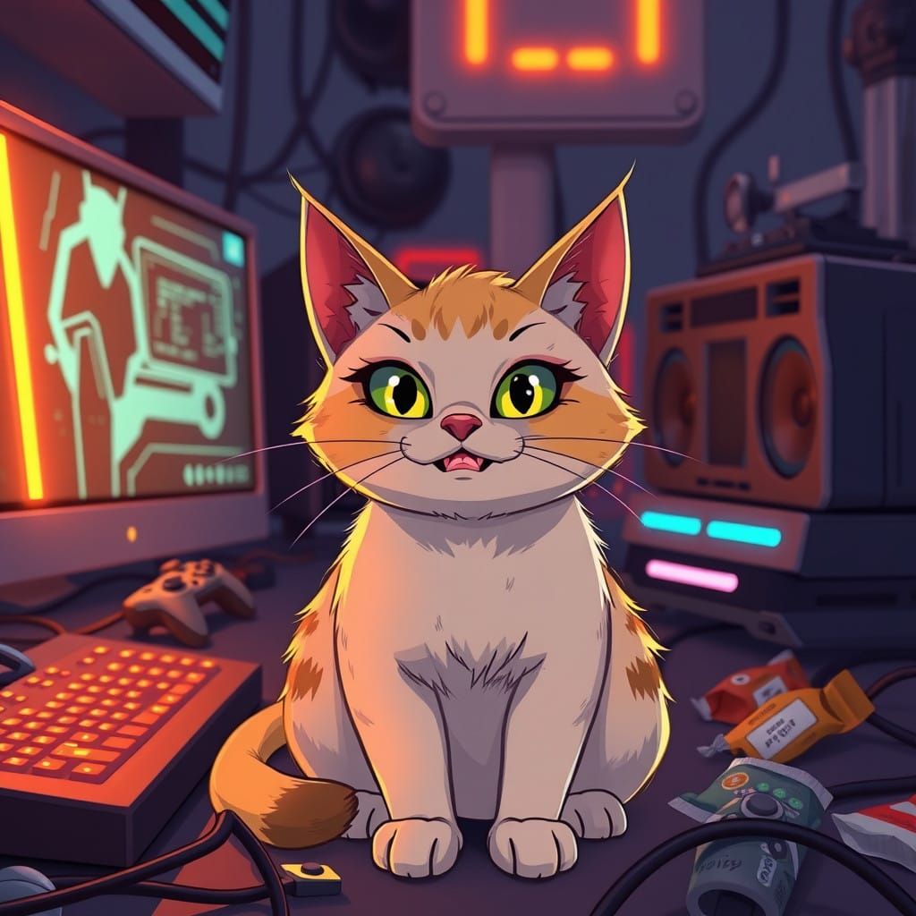 Whimsical Cat in a Futuristic Gaming Lair