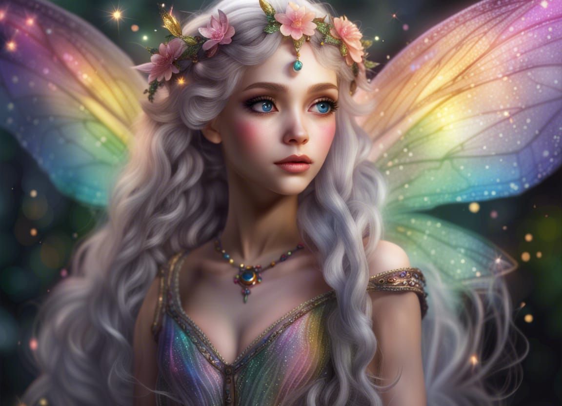 Beautiful Elf Fairy with Wolf in Field