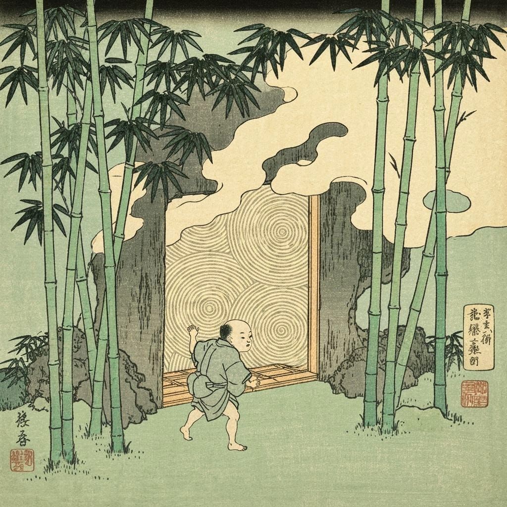 Child Finds Retro Portal in Bamboo Forest: Woodblock Print