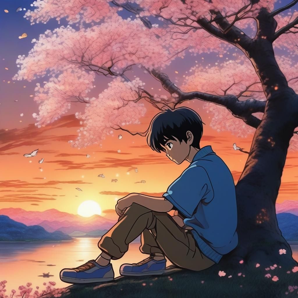 Boy Contemplates Sunset in Romantic Anime Style