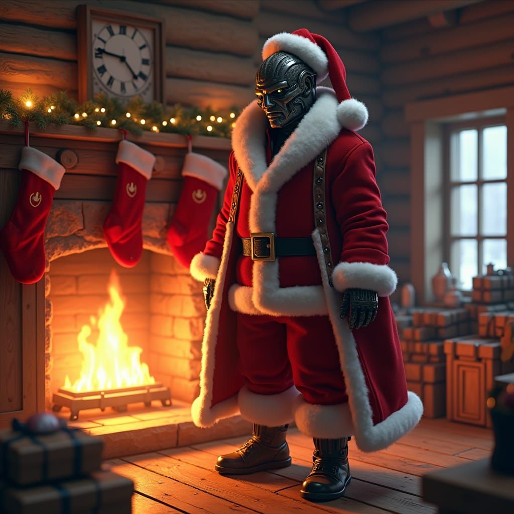 Cyberman Santa in Log Cabin: Hyperrealistic 3D Anime Art