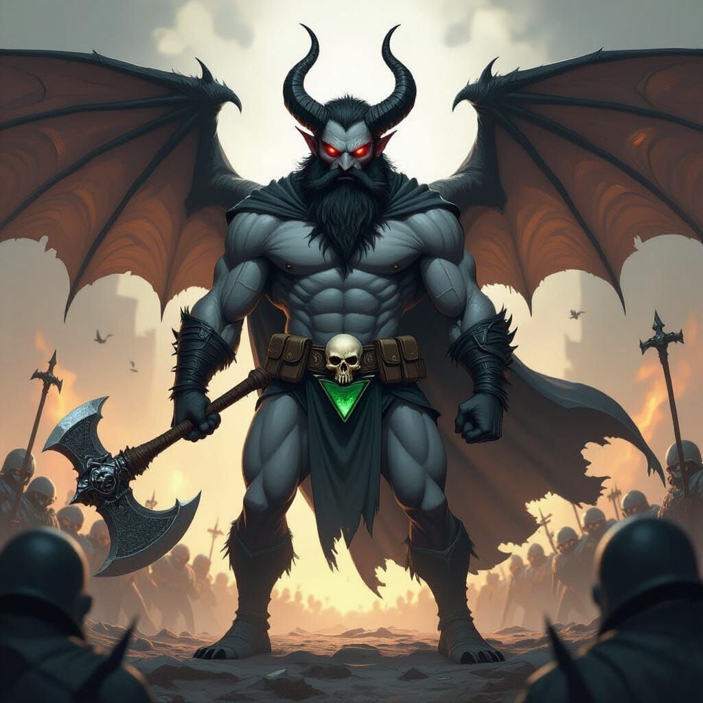 Dark Fantasy Flying Creature with Evil Axe