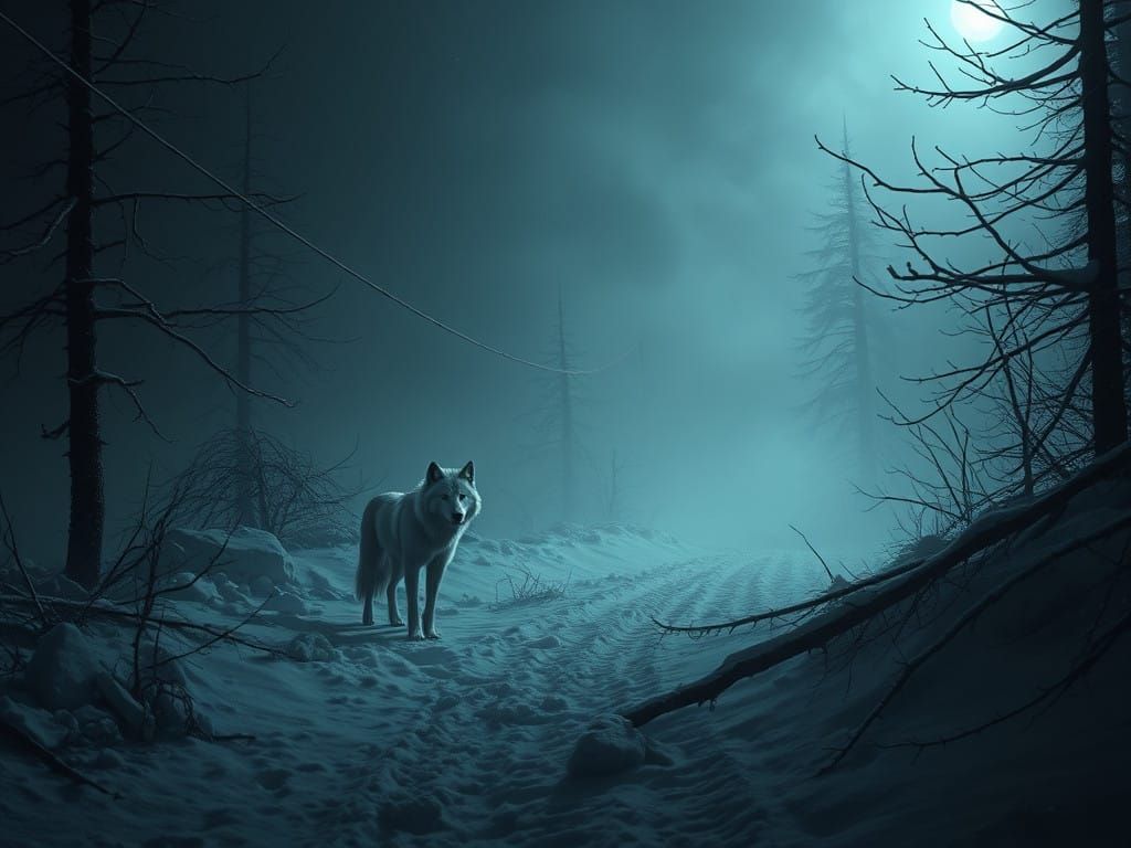 Post-Apocalyptic Winter Landscape with White Wolves