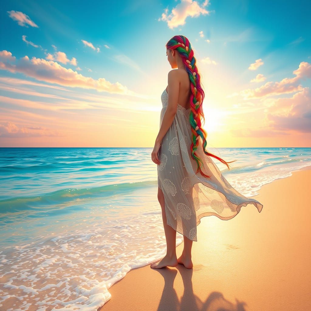 Woman in Whimsical Beach Scene with Rainbow Hair and Seashel...