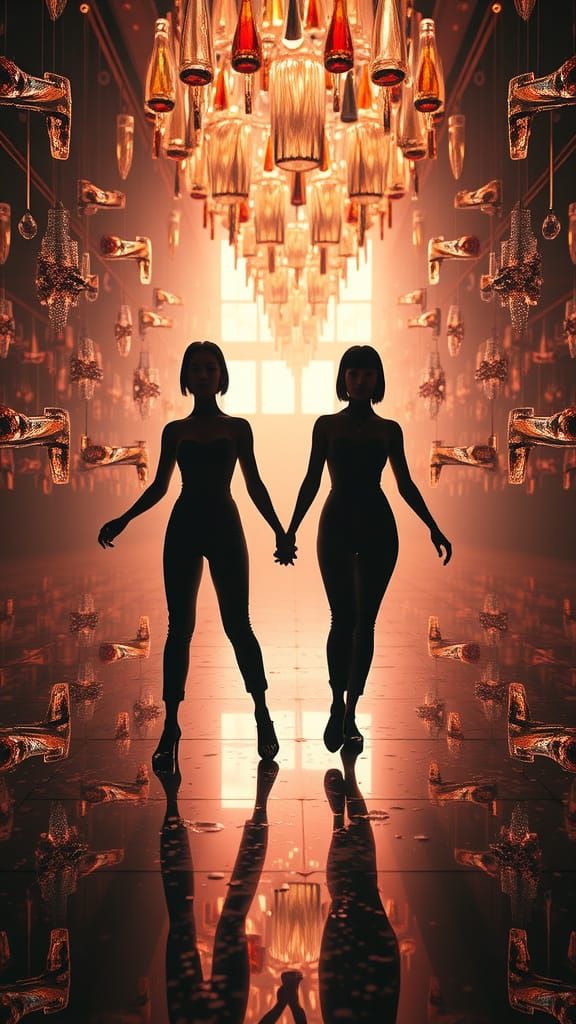 Girls Dance in a Futuristic Room Filled with Glass Bottles i...