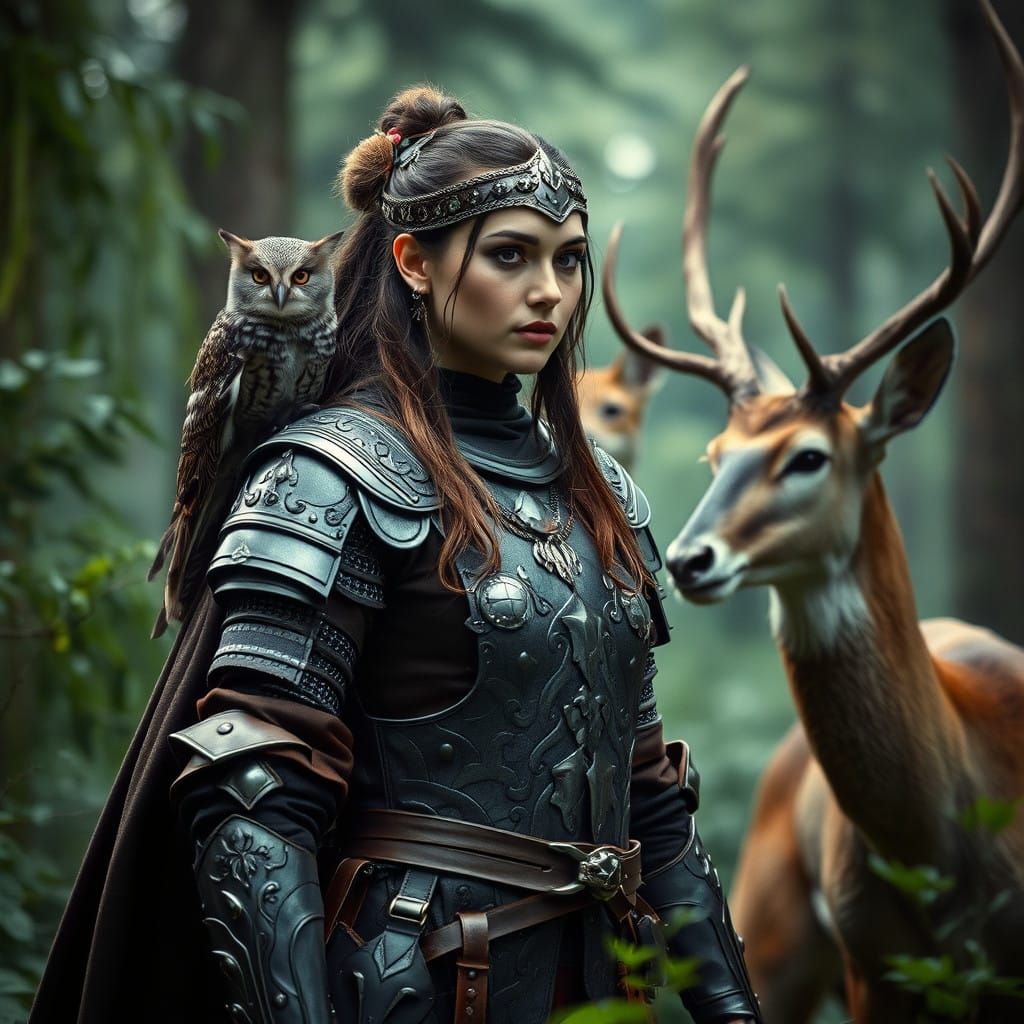 Medieval Warrior Goddess Surrounded by Woodland Creatures