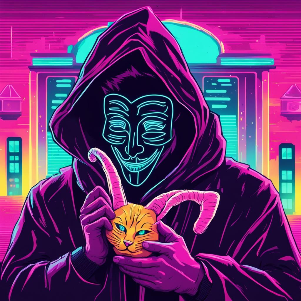 Cloaked Figure with Masks in Synthwave Style