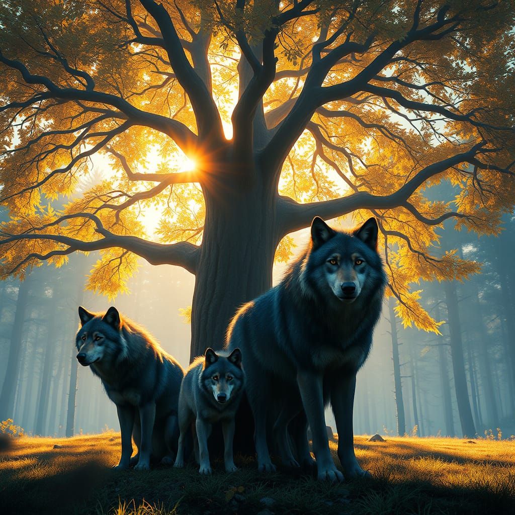 Wolf Family in Forest Sunlight: Digital Matte Painting