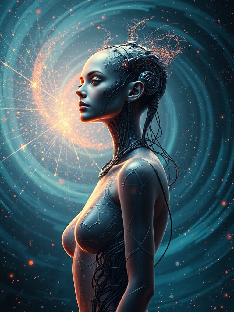 Ethereal Cybernetic Goddess amidst Cosmic Vortex