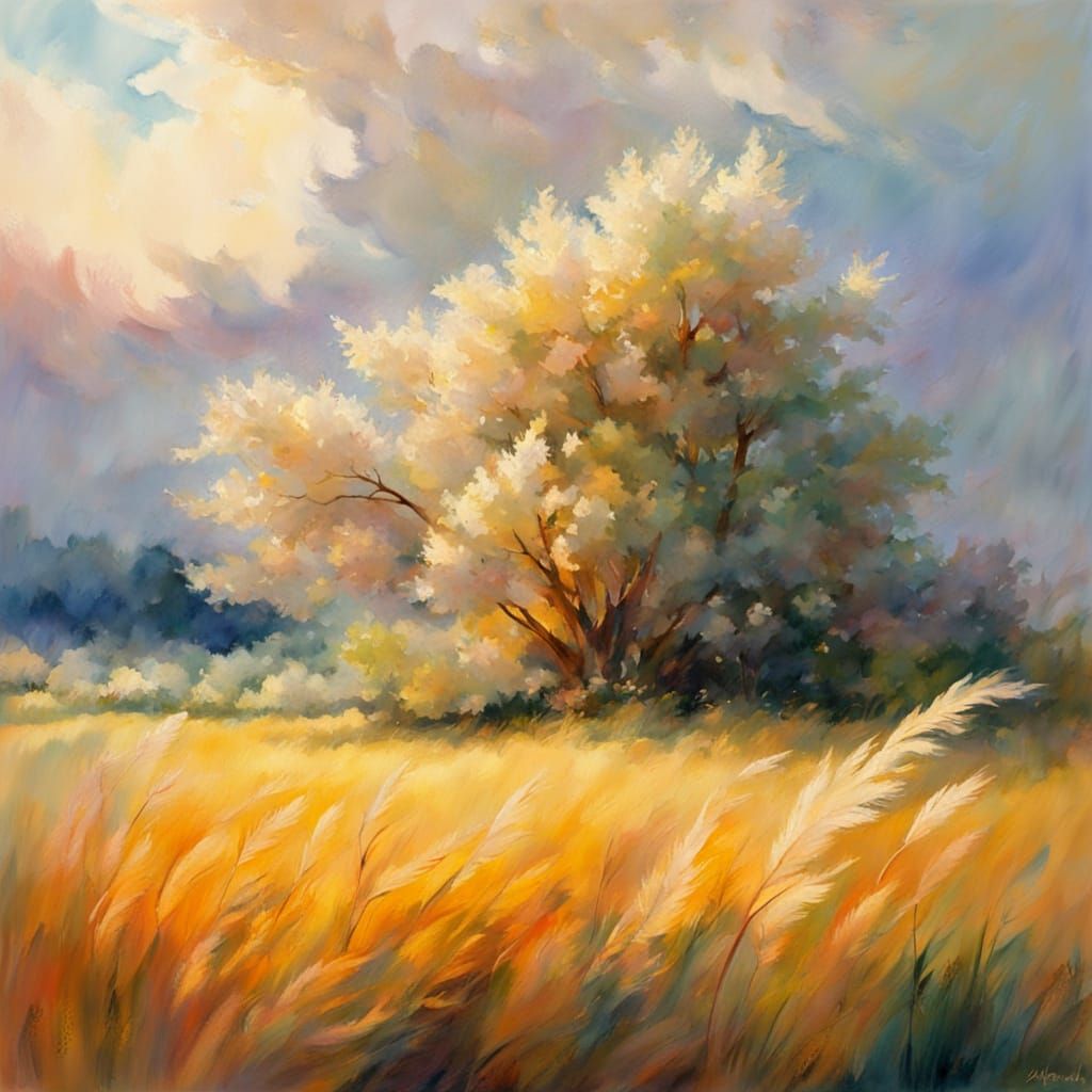 Regal Swan in Blooming Reed Field Gouache Painting