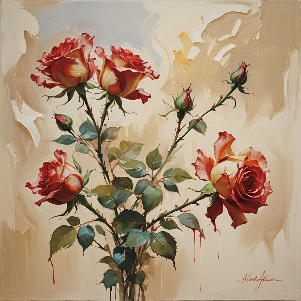 Ethereal Red Roses Oil Painting in Abstract Style