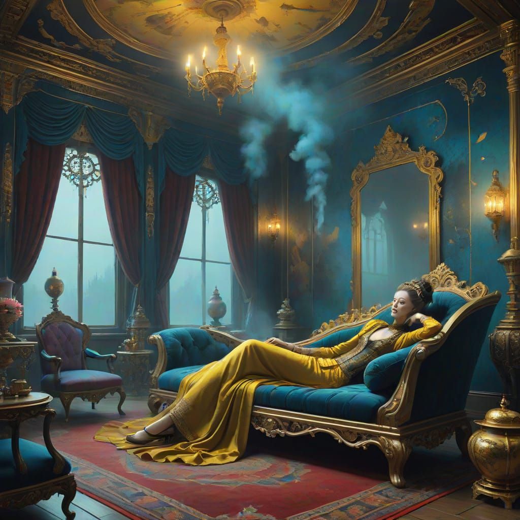 Surreal Opium Queen in Baroque Opium Den