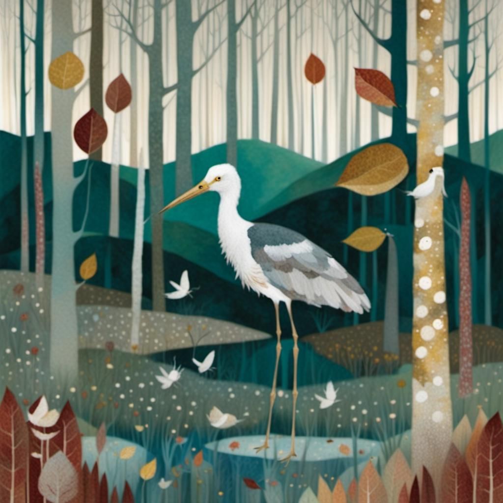 Autumn Stork in Forest, Klimt-Inspired Illustration
