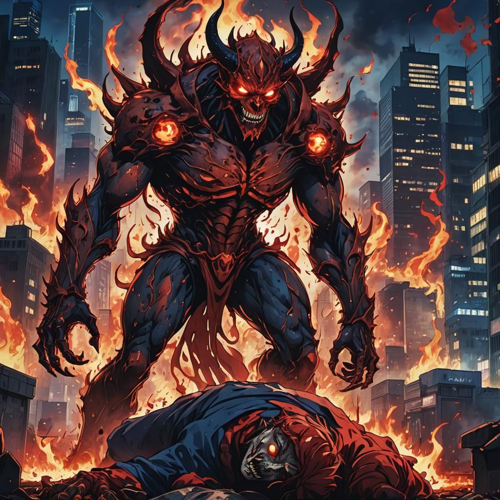 Red Demon Over Dead Body in Studio Trigger Style