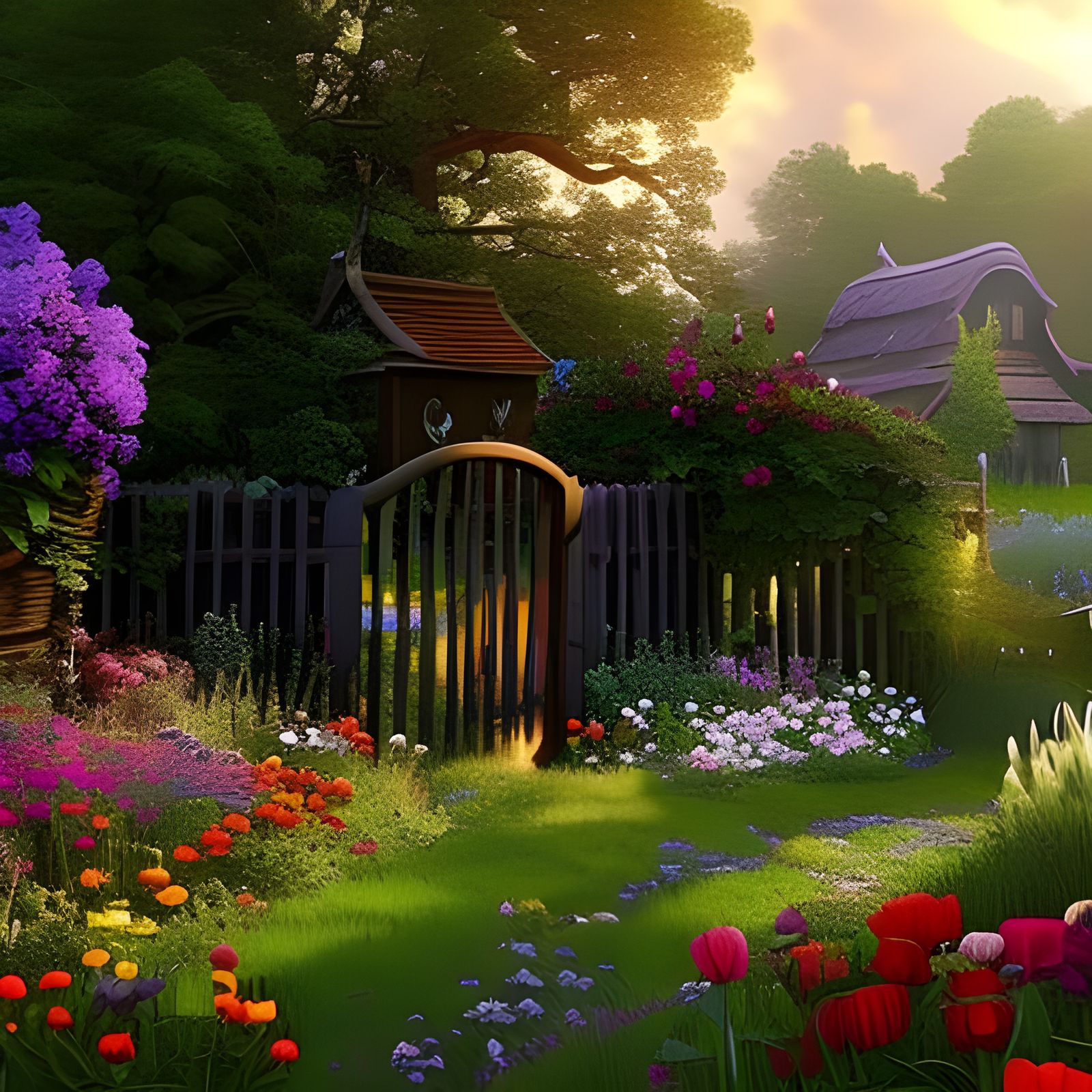 Colorful Cottage Garden with Cat and Butterflies