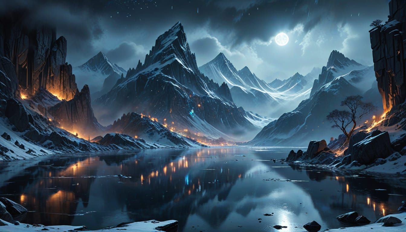 Magical Cyberpunk Mountain Lake in Watercolor Style