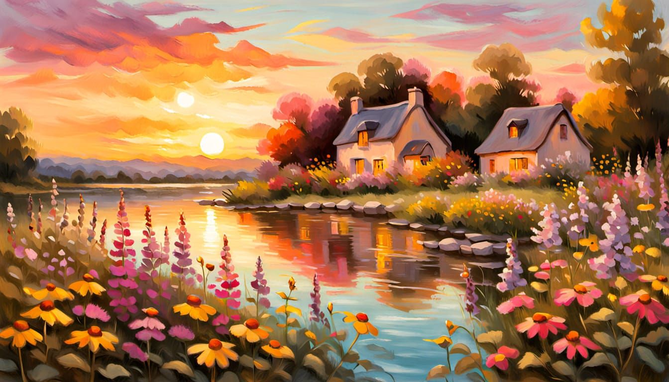 Impressionistic Summer Scene with Wildflowers and Cozy Cotta...