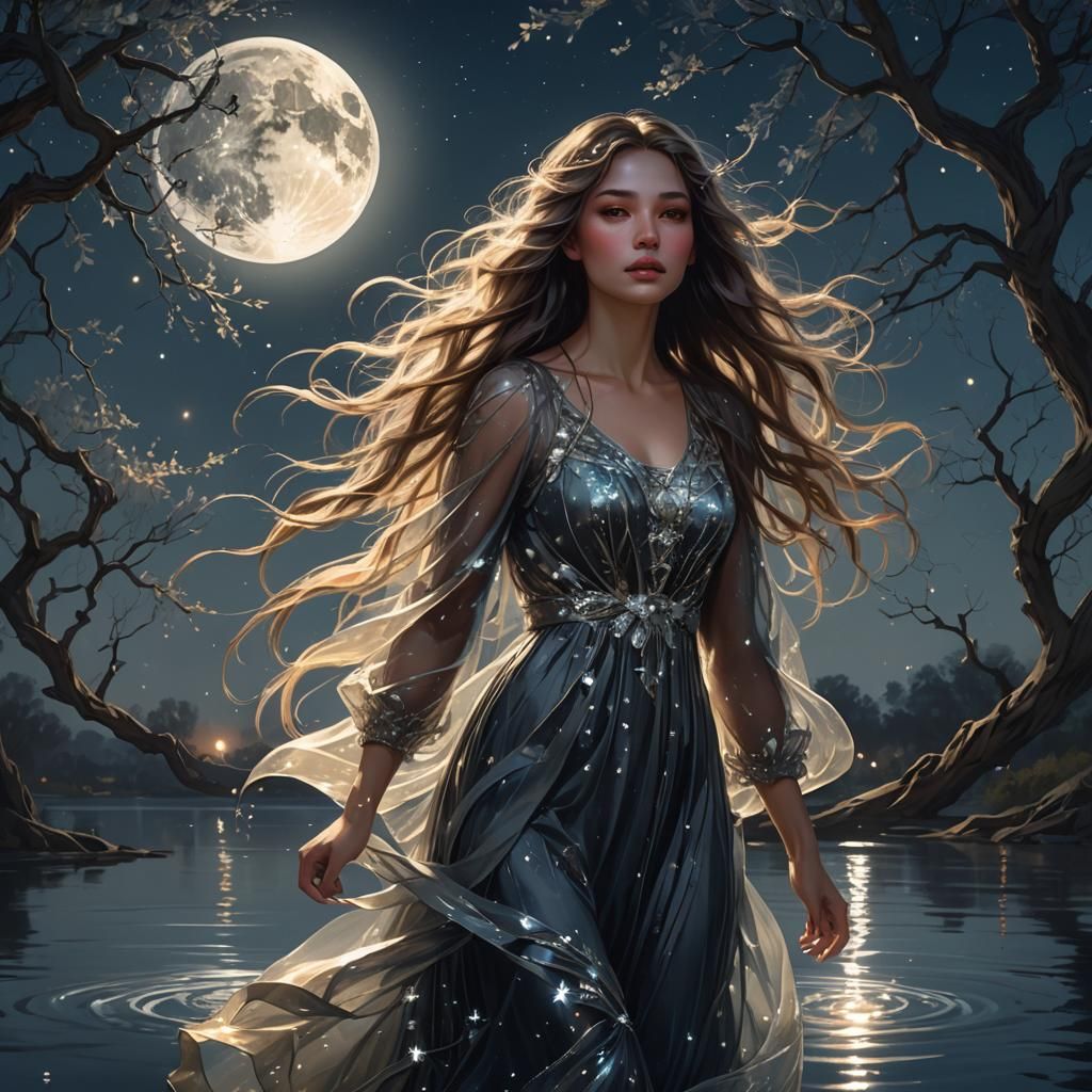 Midnight Lake Girl in Sparkling Gown