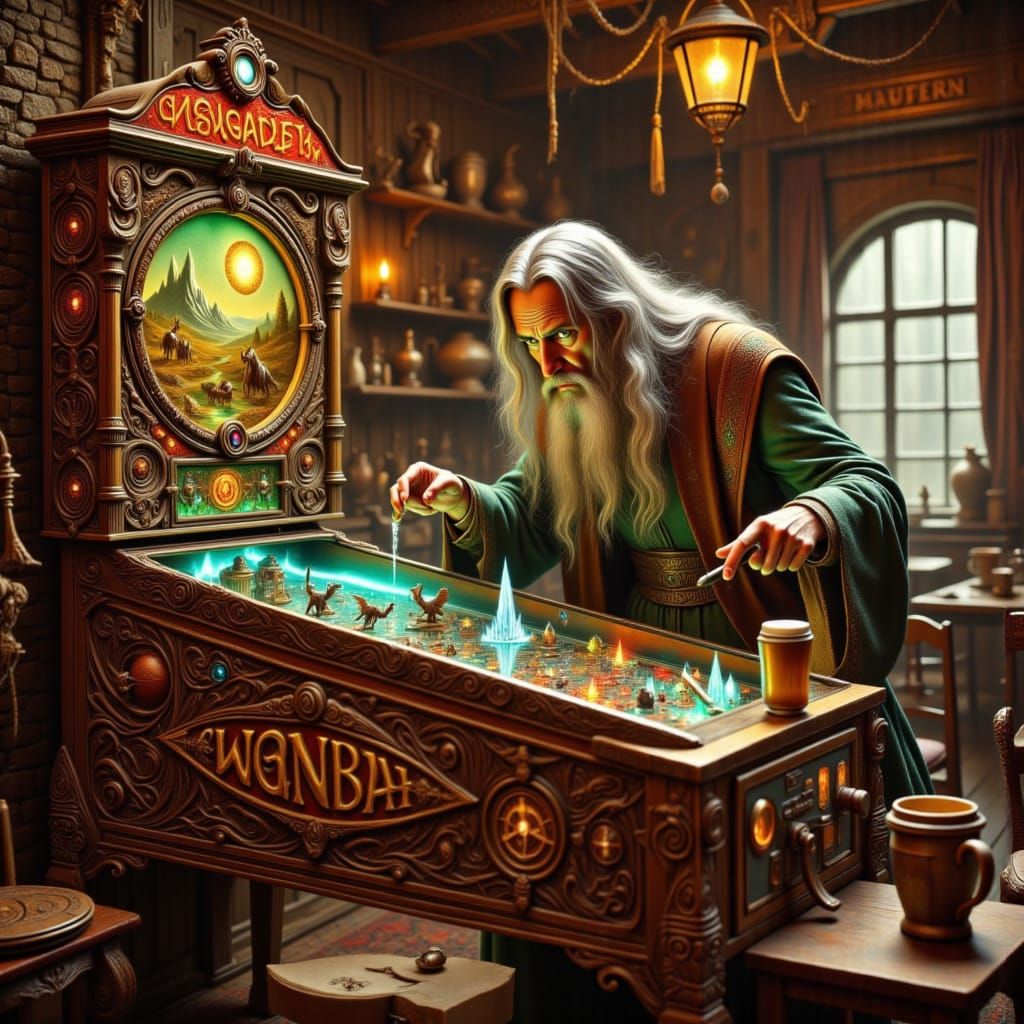 Gandalf Plays Pinball in Whimsical Middle-earth Tavern