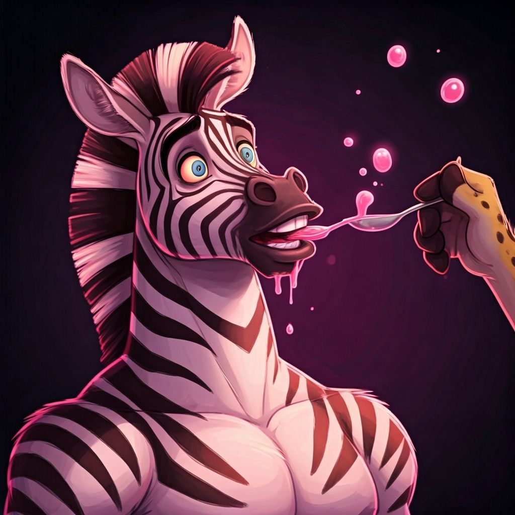 Psychedelic Zebra Awaits Pink Medicine, in Cartoon Style