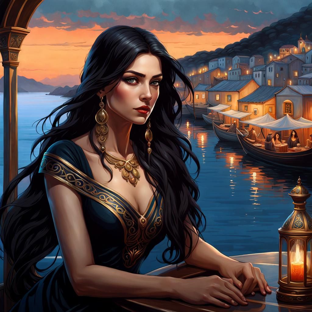 Greek Woman Overlooking Harbour, Gothic Art Nouveau