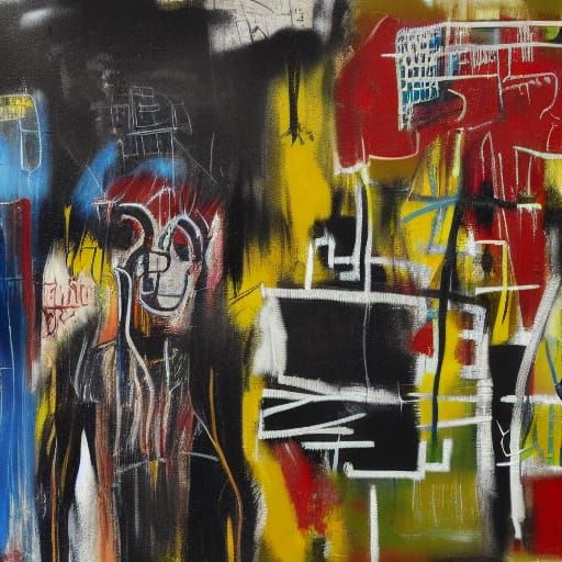 Boy and Dog in Urban Landscape, Neo-Primitivist Style