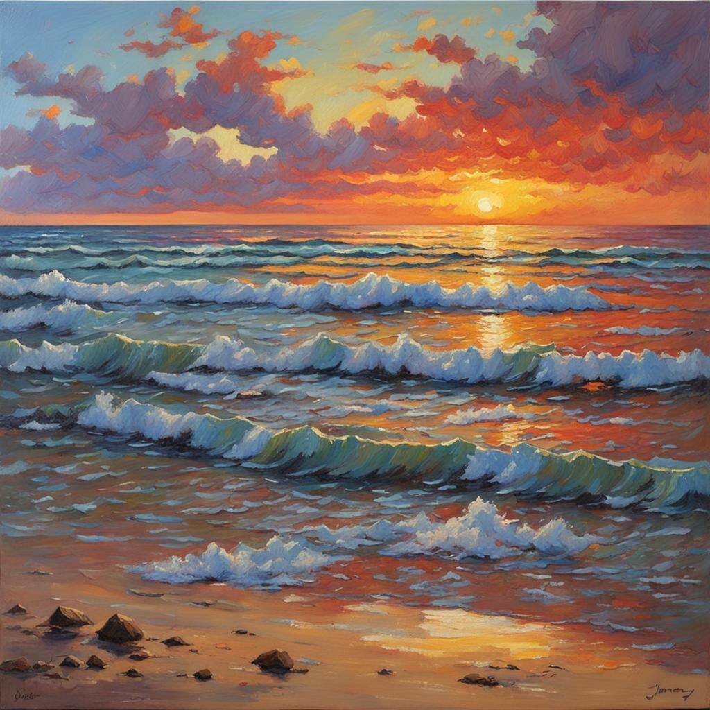 Colorful Sunset Beach Scene as Oil Painting