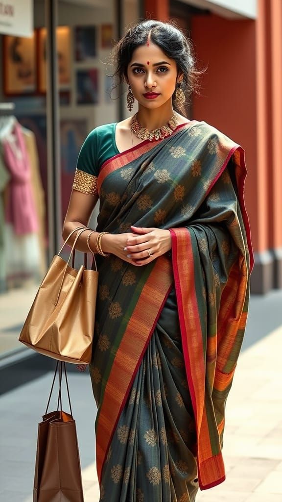 Indian Woman in Saree Preparing to Shop
