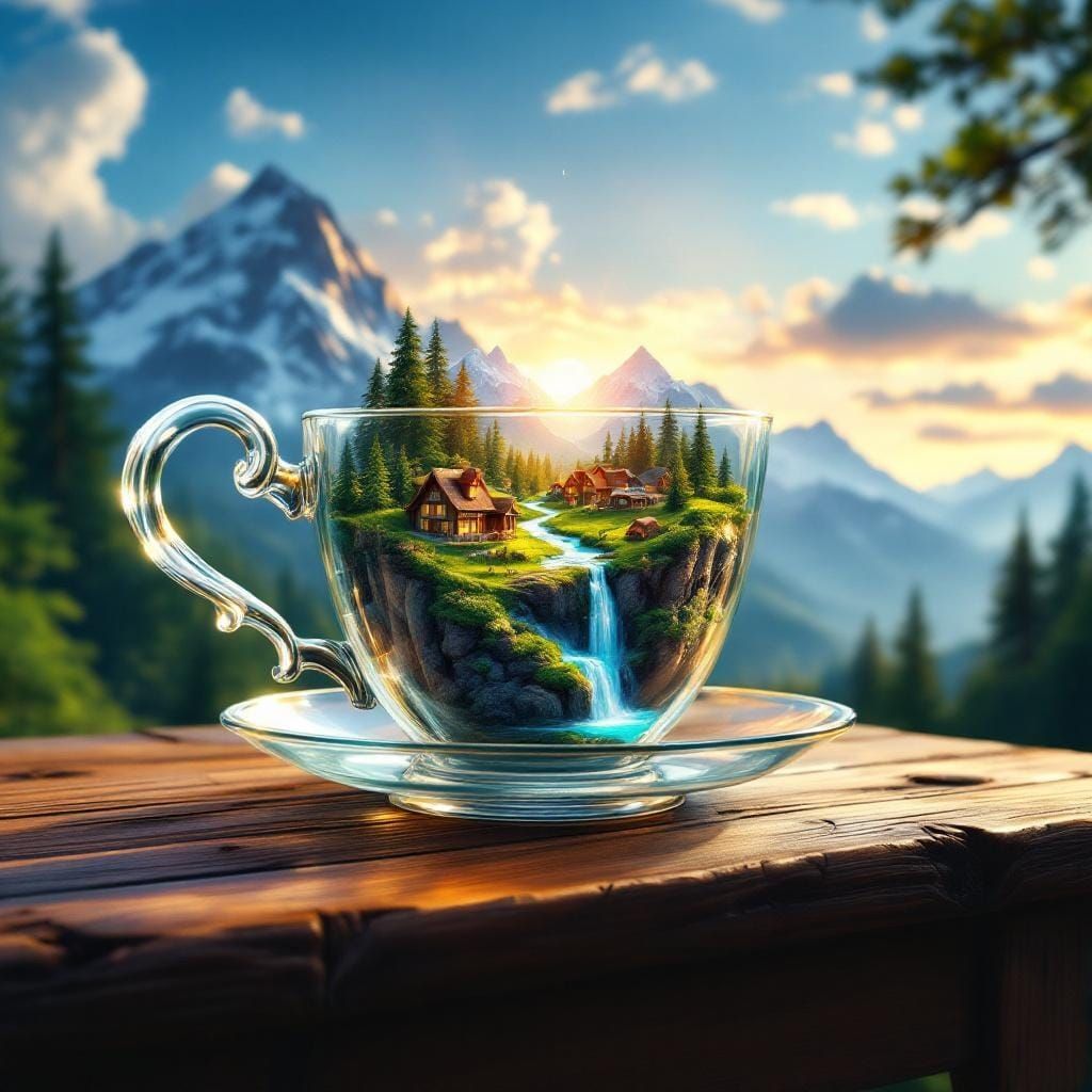 Glass Teacup Miniature World in Digital Art Style