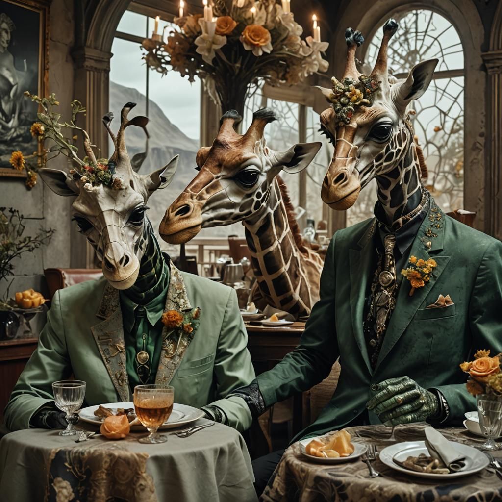 Elegant Giraffe Aliens Dine: Surreal Digital Art